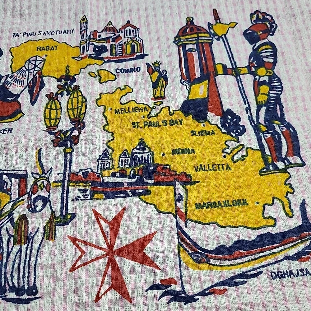 Vintage Tea Towel MALTA The Maltese Islands Travel Souvenir Pink 100%‎ Cotton